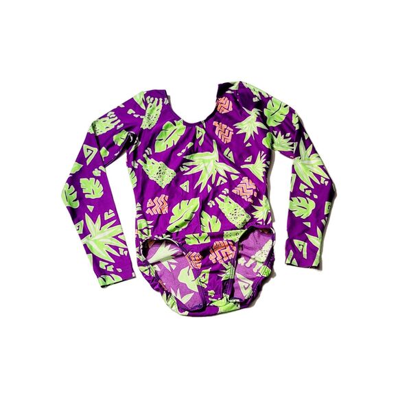 GK Elite VTG 90s Neon Green Tropical Purple AS Leotard Long Sleeve Adult S  NWT - Picture 10 of 10